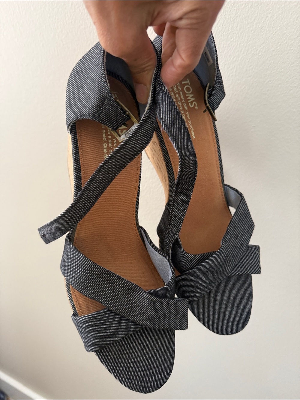 TOMS Black-Gray Denim Crisscross Wedge Sandals